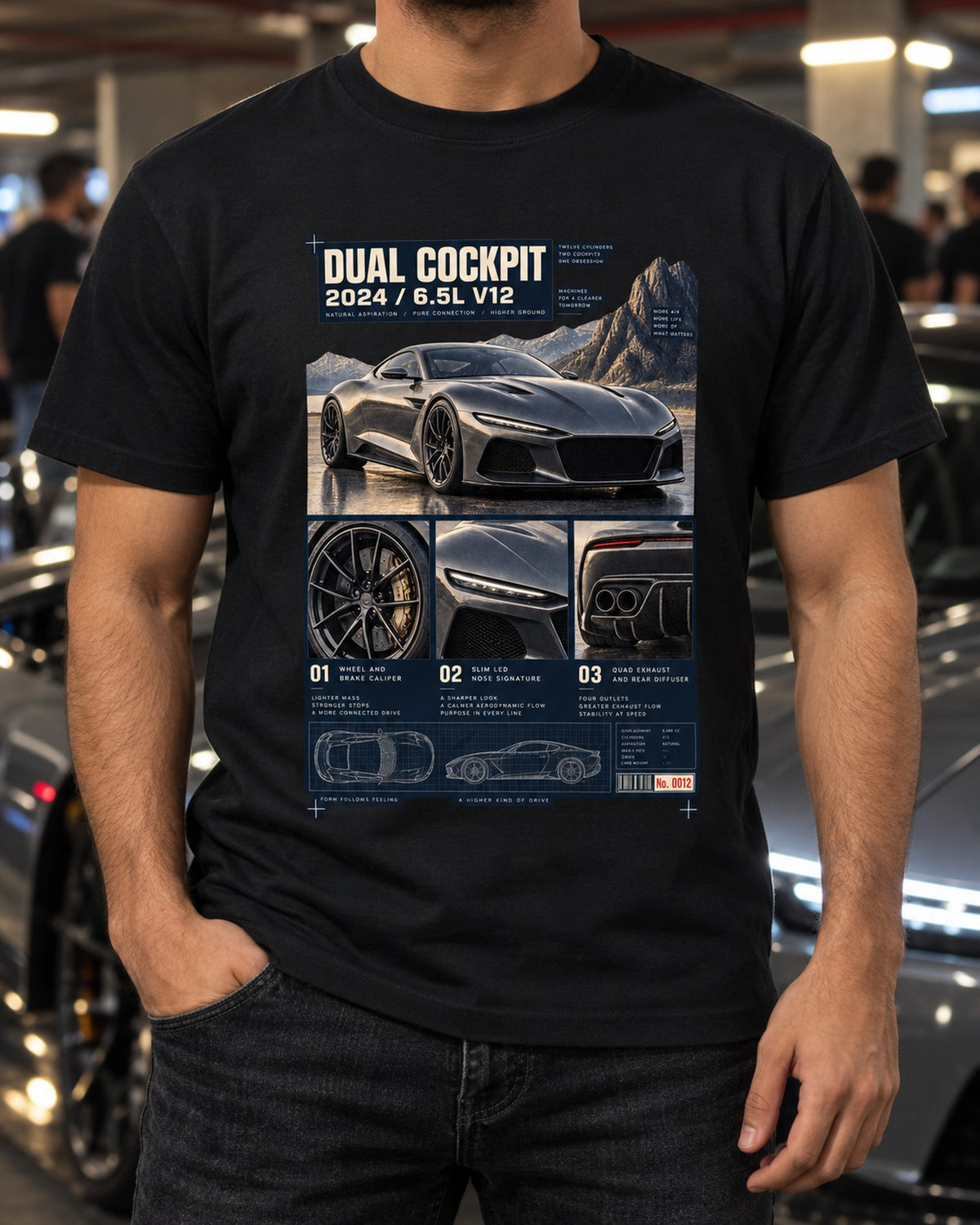 Ferrari 12Cilindri Dossier Panels Tee, Dual Cockpit V12 T-Shirt Black worn hero