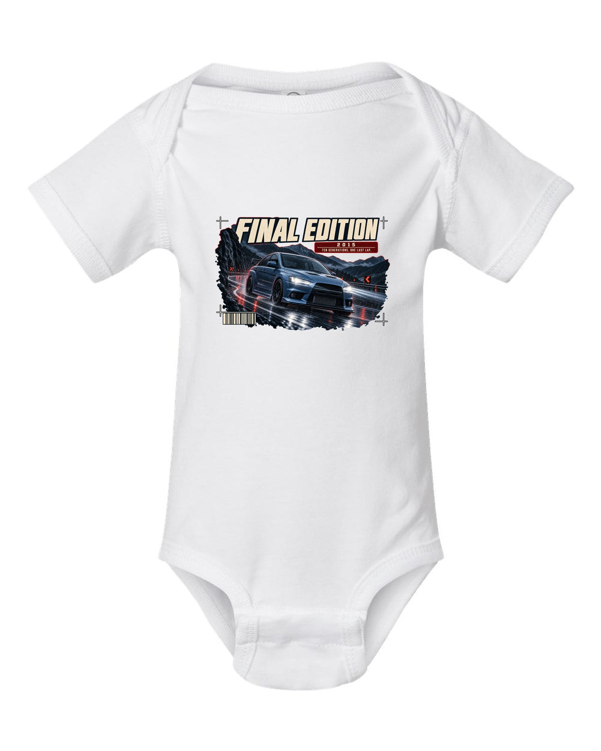 Mitsubishi Lancer Evolution X Final Edition low front three-quarter at night print white baby onesie front view with the design