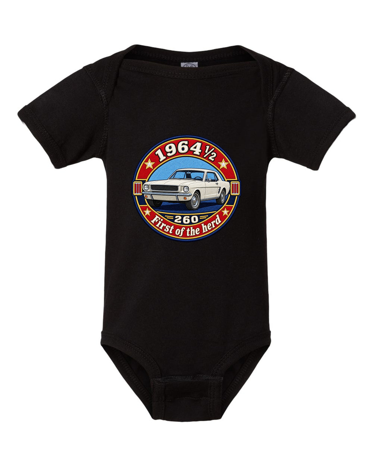 Varsity crest design of a 1964½ Ford Mustang coupe with 260 lettering black baby onesie front view with the design