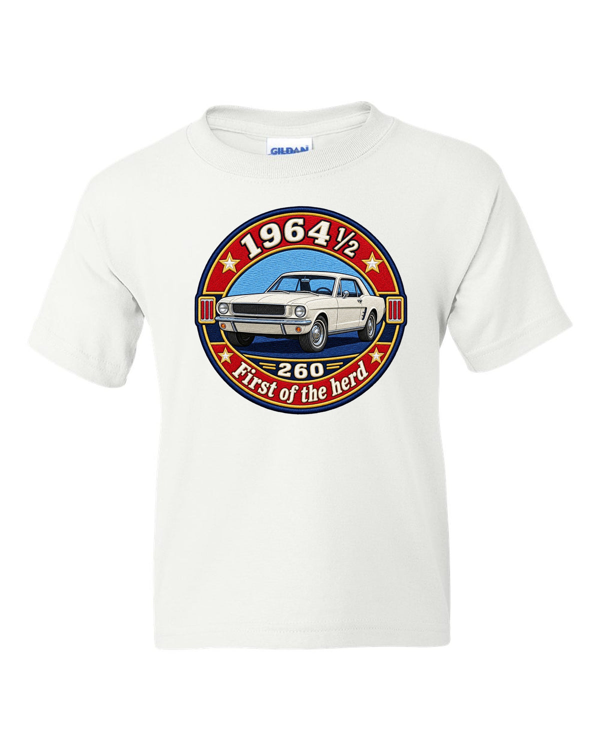 Varsity crest design of a 1964½ Ford Mustang coupe with 260 lettering white kids tee front view with the design