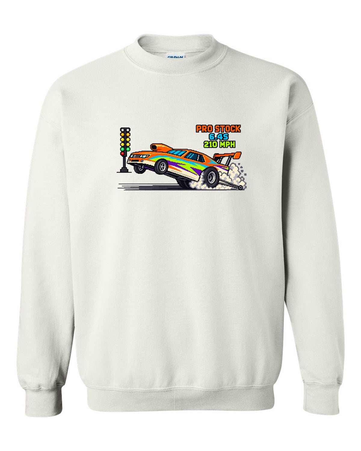 8-bit pixel art Pro Stock drag car launching with 6.4S 210 MPH lettering white crewneck front view with the design