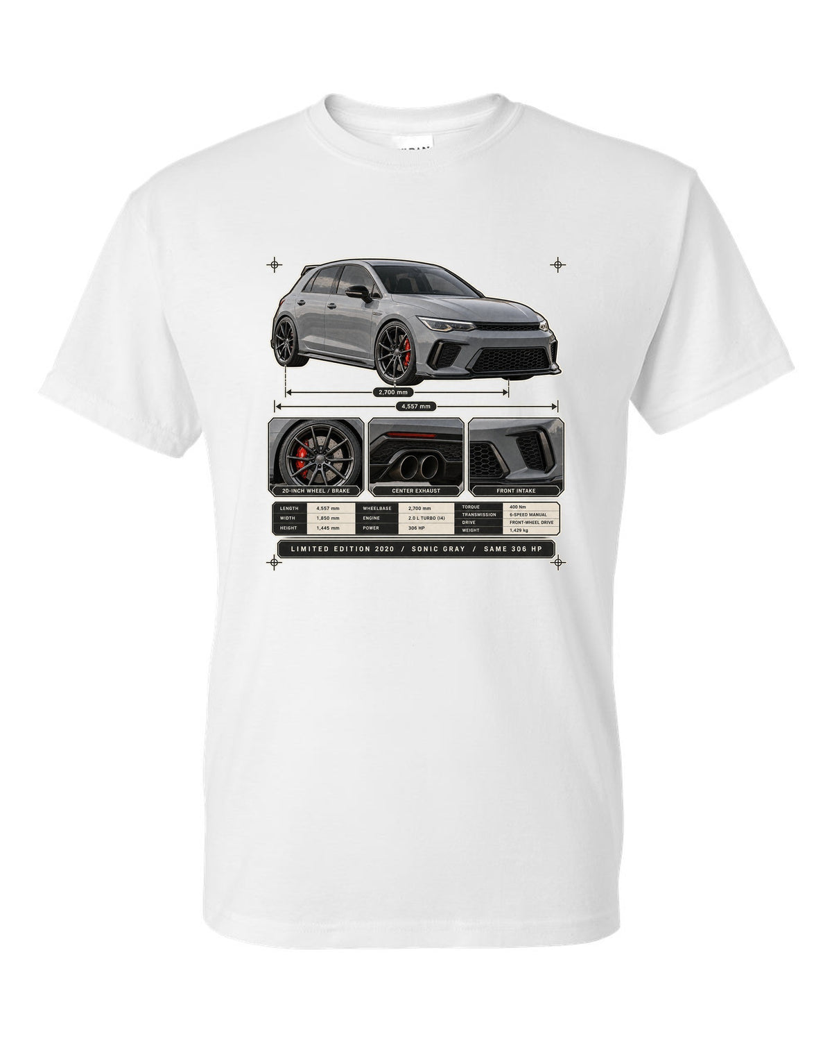 Dossier panel print of a Sonic Gray Pearl Honda Civic Type R FK8 Limited Edition white t-shirt front view with the design