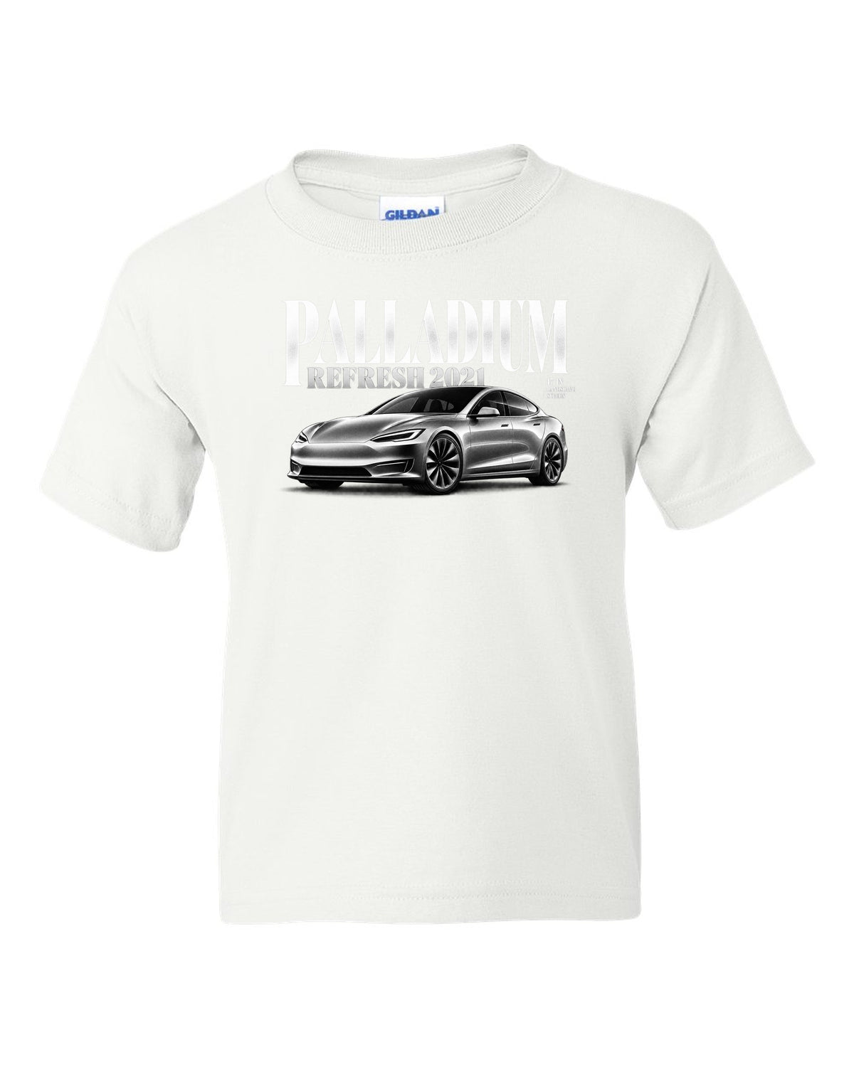 Editorial headline print of a Tesla Model S Palladium 2021 front three-quarter view white kids tee front view with the design