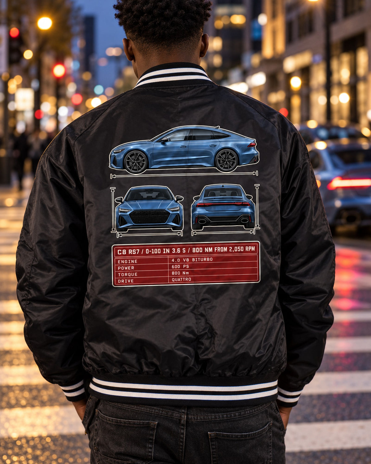 Audi RS7 C8 Three-View Spec Sheet Shirt, 0-100 in 3.6 s Bomber Jacket Black worn hero