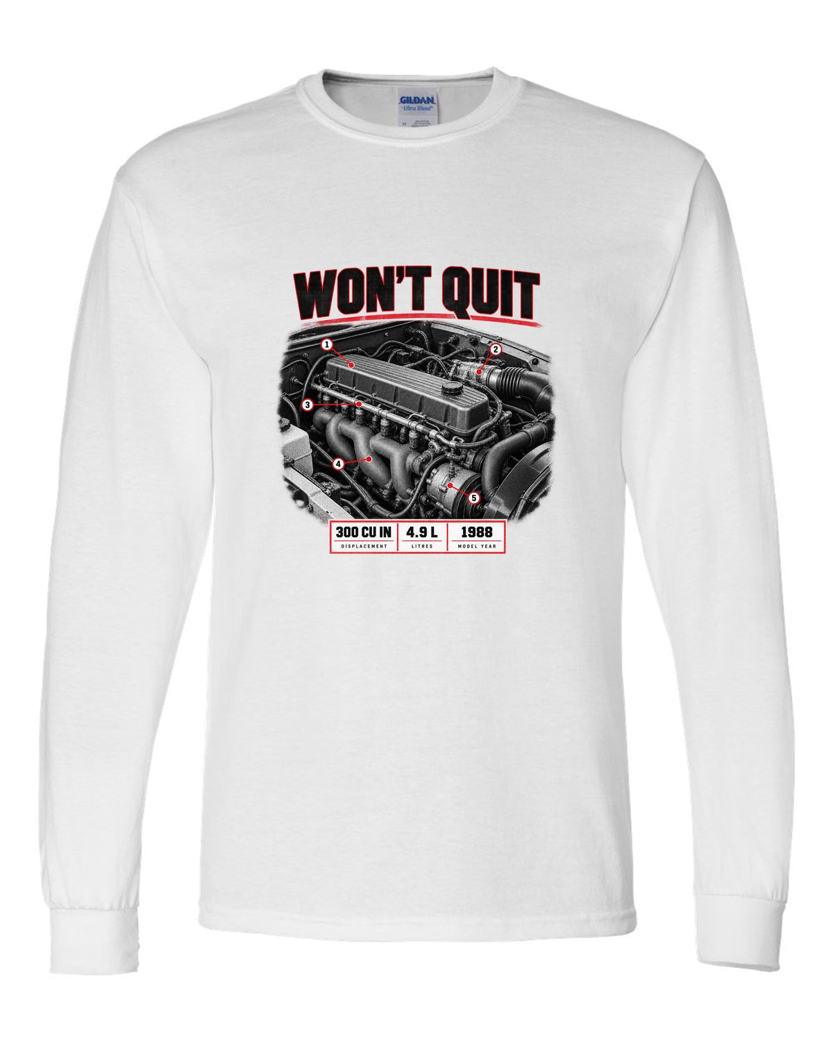 Engine print of a 1987-91 Ford F-150 Brick-Nose 4.9 inline six with 300 cu in text white long sleeve front view with the design