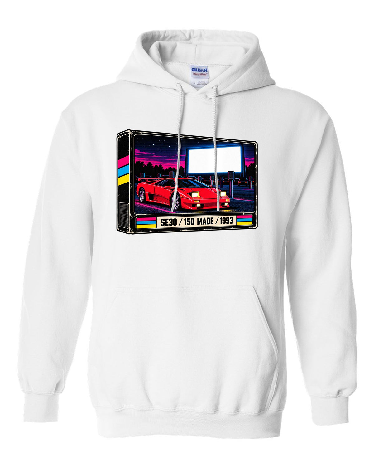 VHS cassette packaging style print of a 1993 Lamborghini Diablo SE30 with 150 made lettering white pull over hoodie front view with the design
