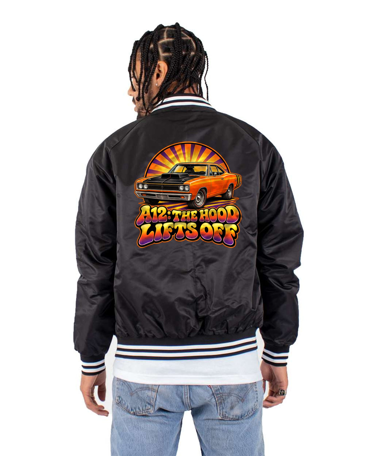1969 Super Bee A12 Sunburst Shirt, Lift-Off Hood Car Tee Bomber Jacket Black back