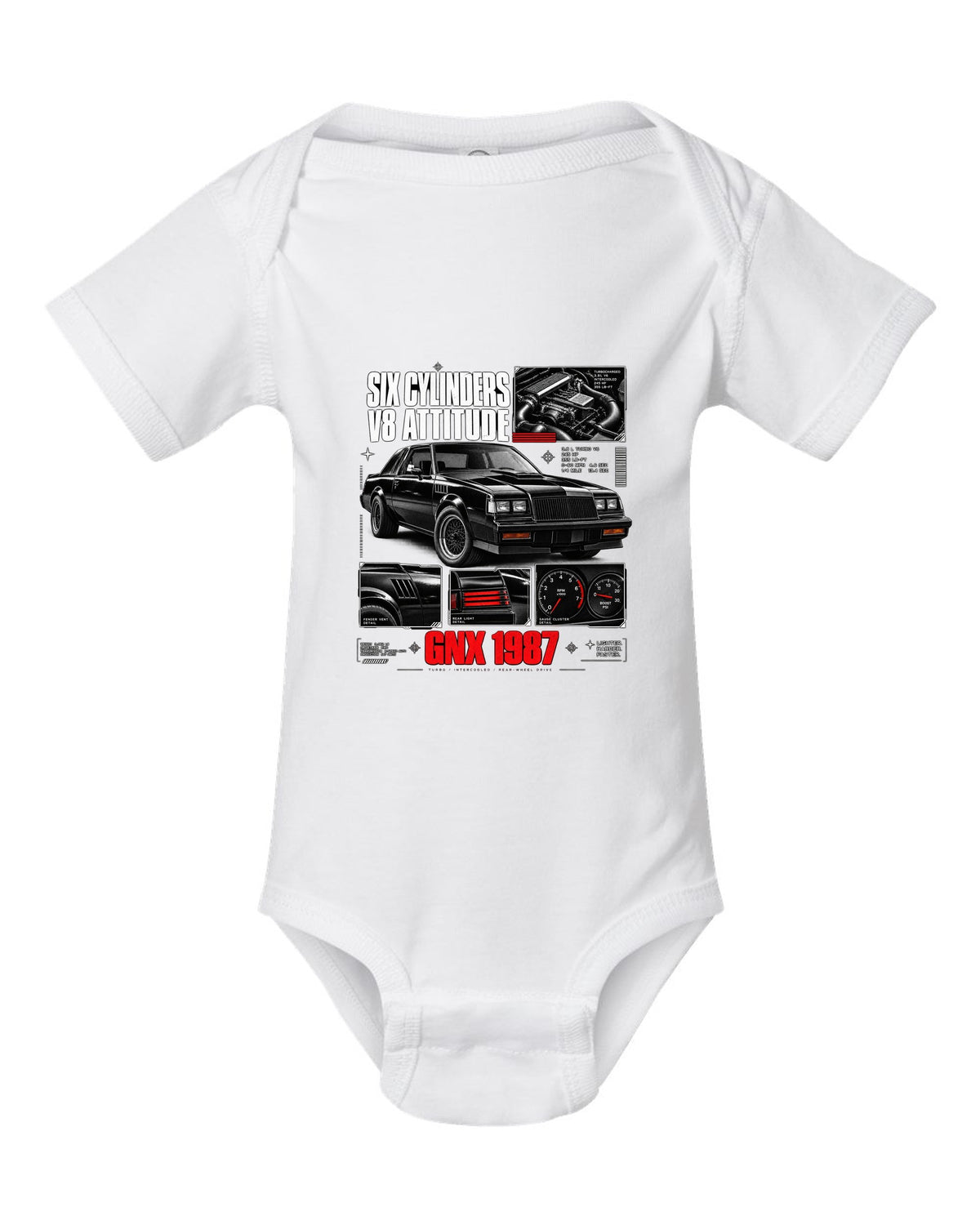 print dossier panels of a 1987 Buick GNX with six cylinders V8 attitude lettering white baby onesie front view with the design
