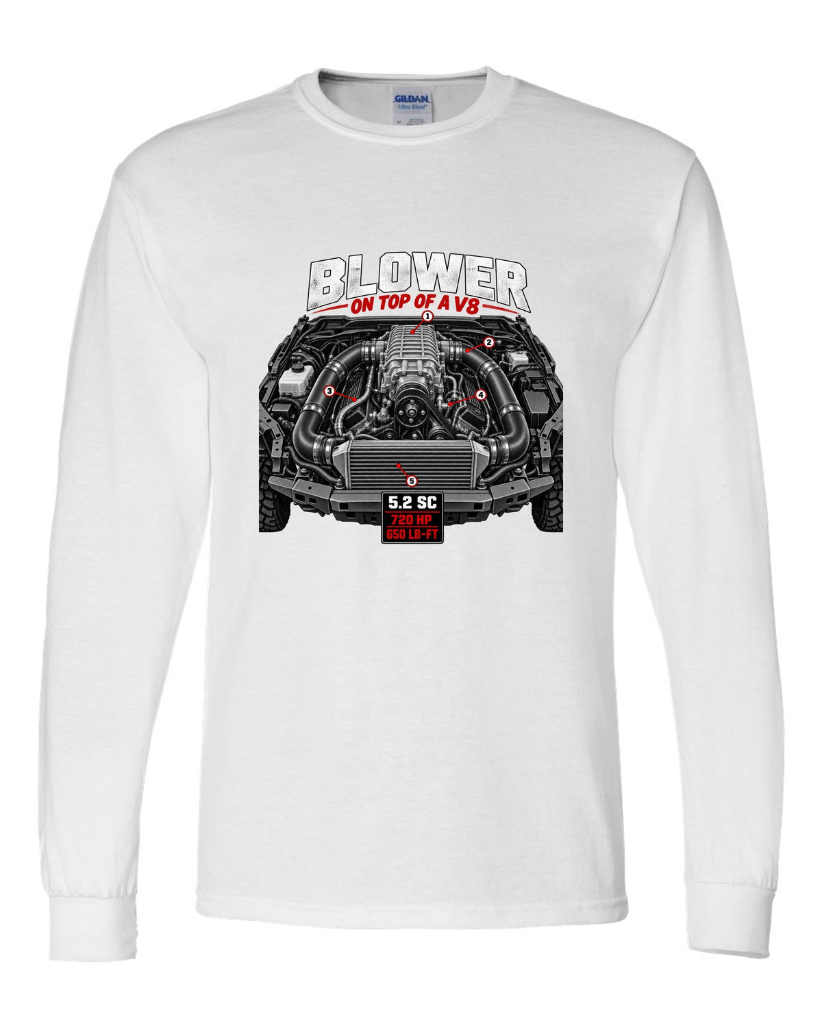 Ford F-150 Raptor R P702 engine hero print with 5.2 supercharged V8 and 720 HP white long sleeve front view with the design
