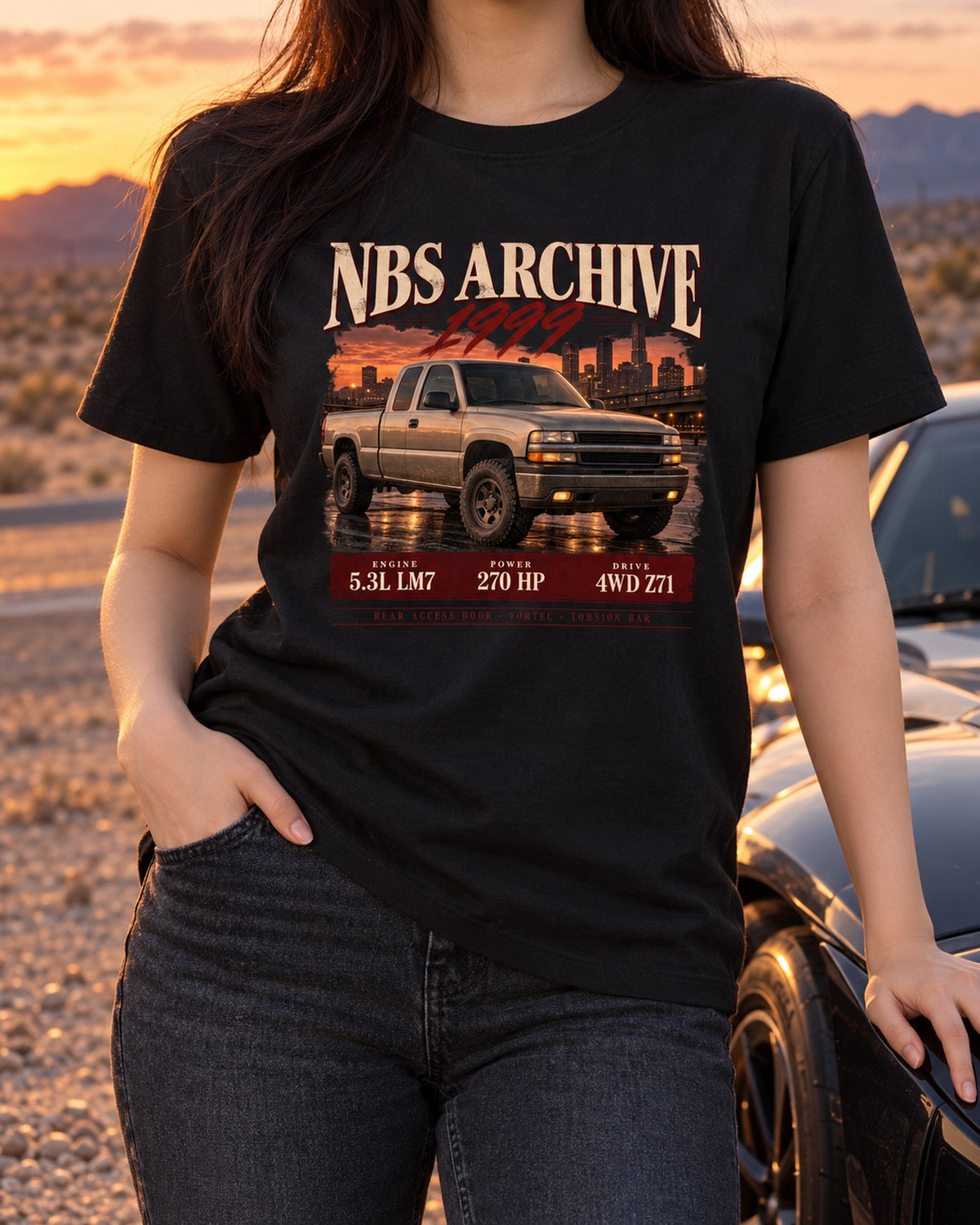 1999 Silverado NBS Archive Tee, 5.3L LM7 4WD Z71 T-Shirt Black worn hero
