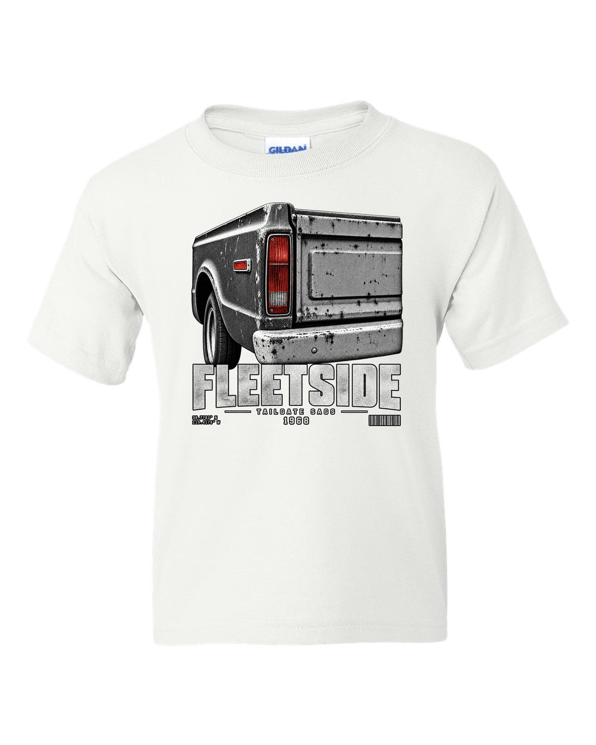 Close-up of a 1968 Chevy C10 Fleetside taillight and tailgate, print white kids tee front view with the design