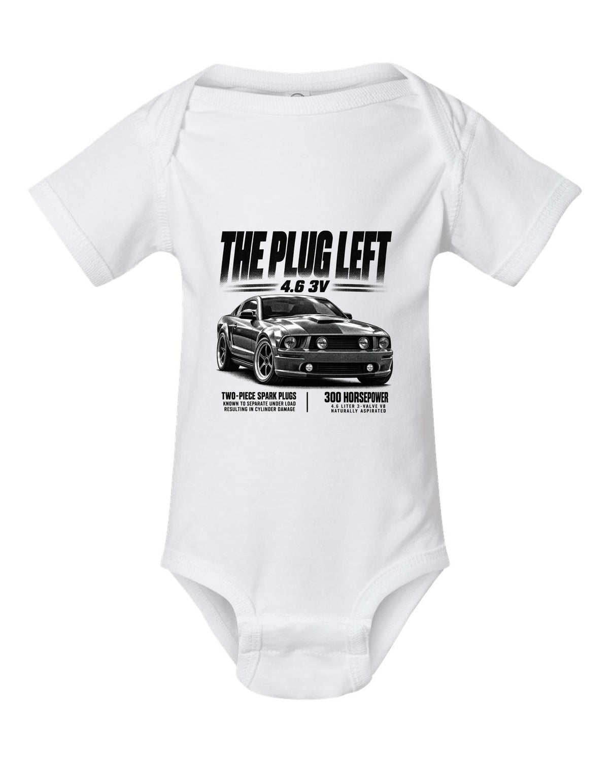 Halftone print of a 2005-09 Ford Mustang S197 GT with 4.6 3V text white baby onesie front view with the design