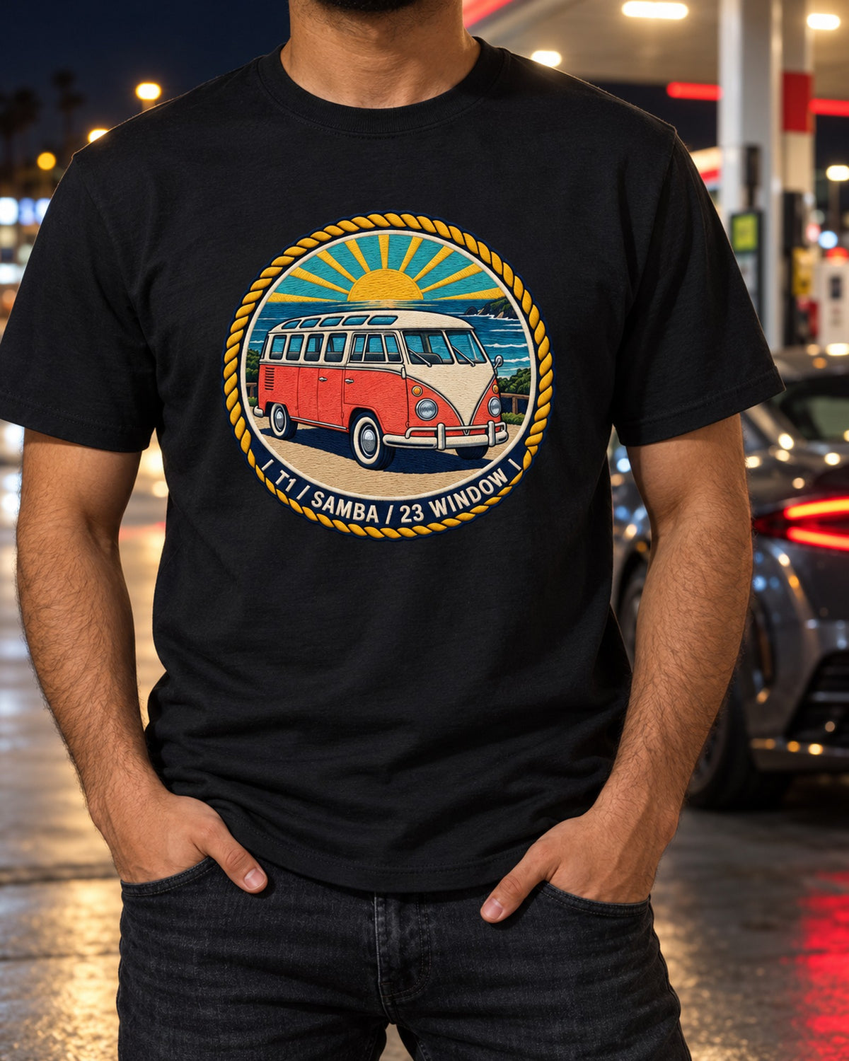 VW Bus T1 Samba 23 Window Crest Shirt, Type 2 Camper Tee T-Shirt Black worn hero