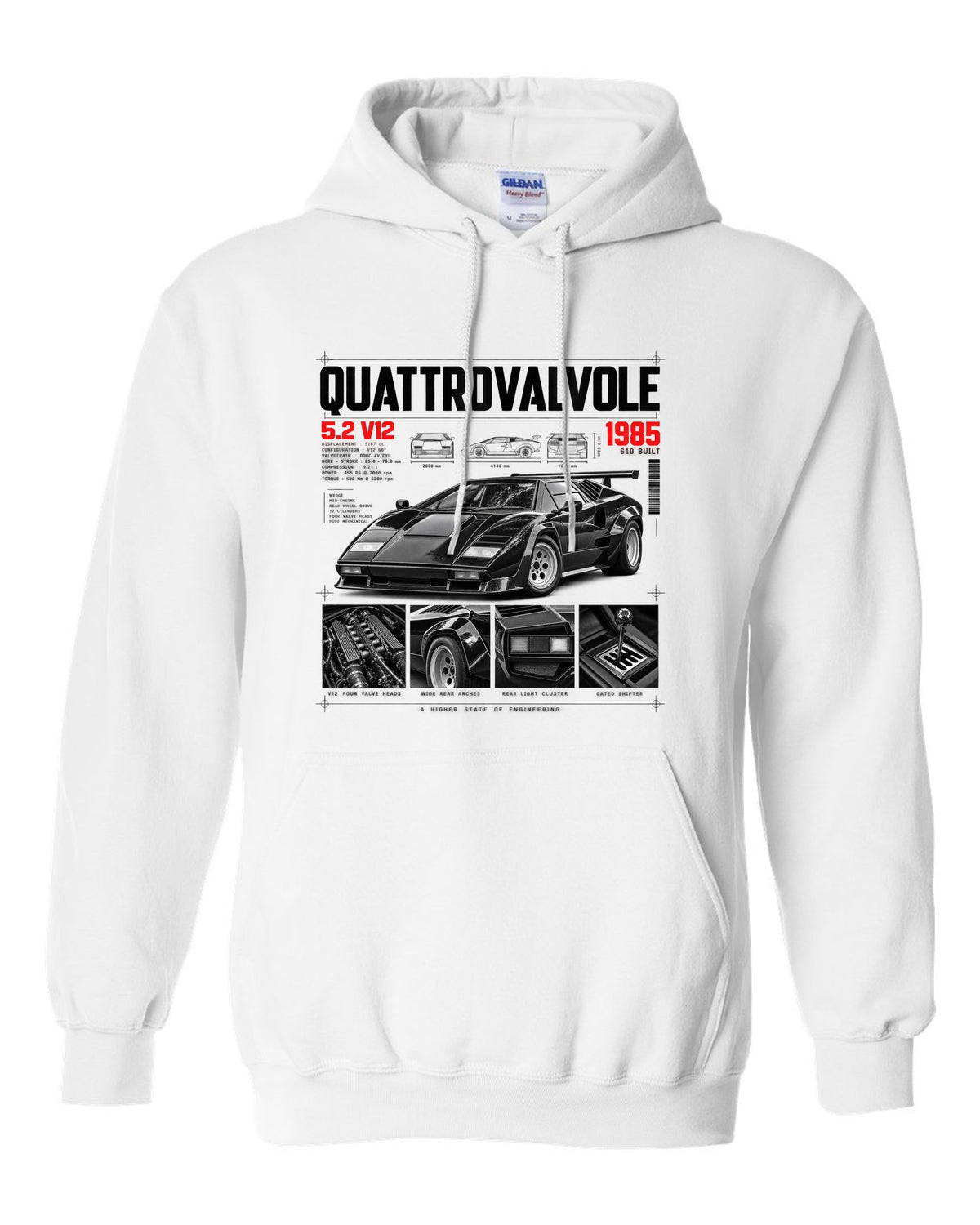 Dossier panel print of a Lamborghini Countach LP5000 QV with 5.2 V12 and 610 built text white pull over hoodie front view with the design
