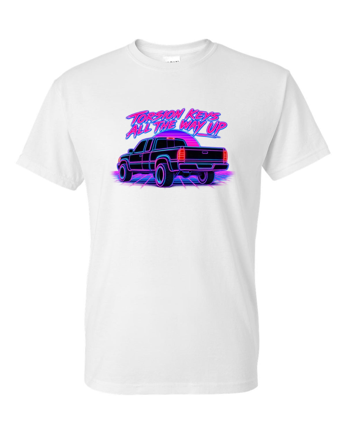 Neon synthwave line print of a 1988-98 Chevrolet GMT400 C1500 OBS extended cab taillight white t-shirt front view with the design