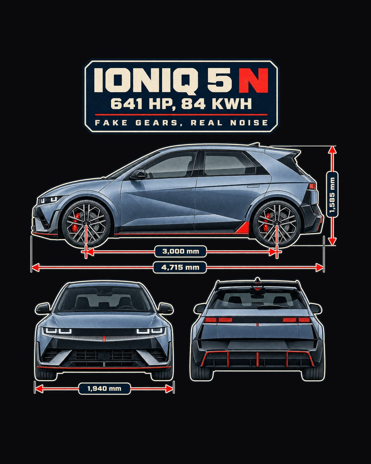 Hyundai Ioniq 5 N 2024 Blueprint Shirt, 641 HP EV Gift design only