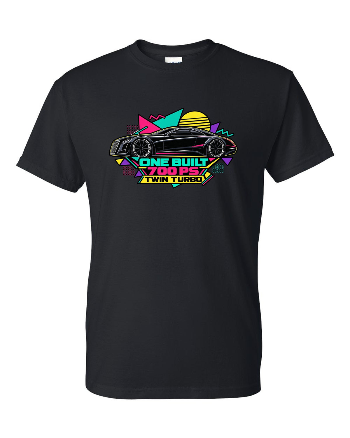 Retro Memphis style vector illustration of the one-off Maybach Exelero with One Built 700 PS Twin Turbo text black t-shirt front view with the design