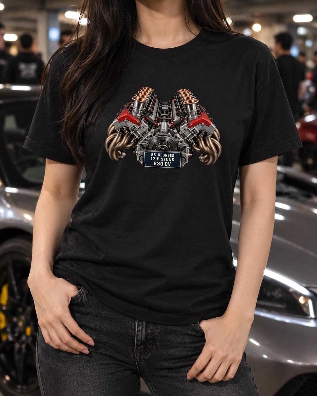 Ferrari 12Cilindri F140HD V12 Engine Hero Tee, print T-Shirt Black worn hero
