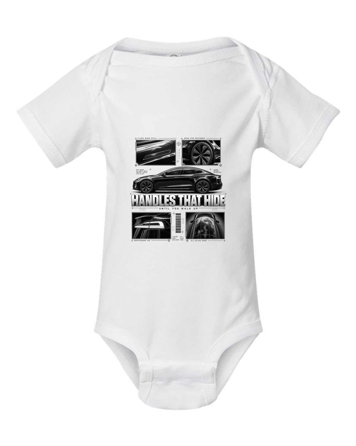 Tesla Model S Raven Side Profile Dossier white baby onesie front view with the design