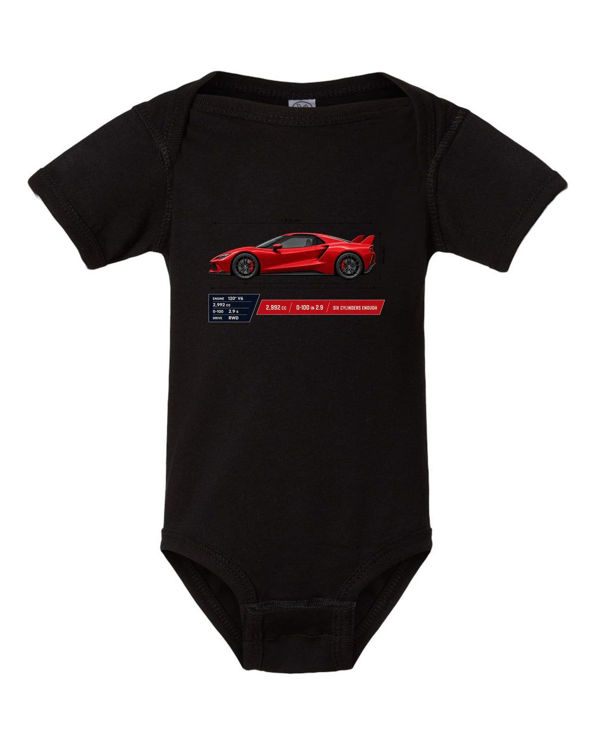 Ferrari 296 GTB spec poster print with 2,992 cc and 0-100 in 2.9 black baby onesie front view with the design
