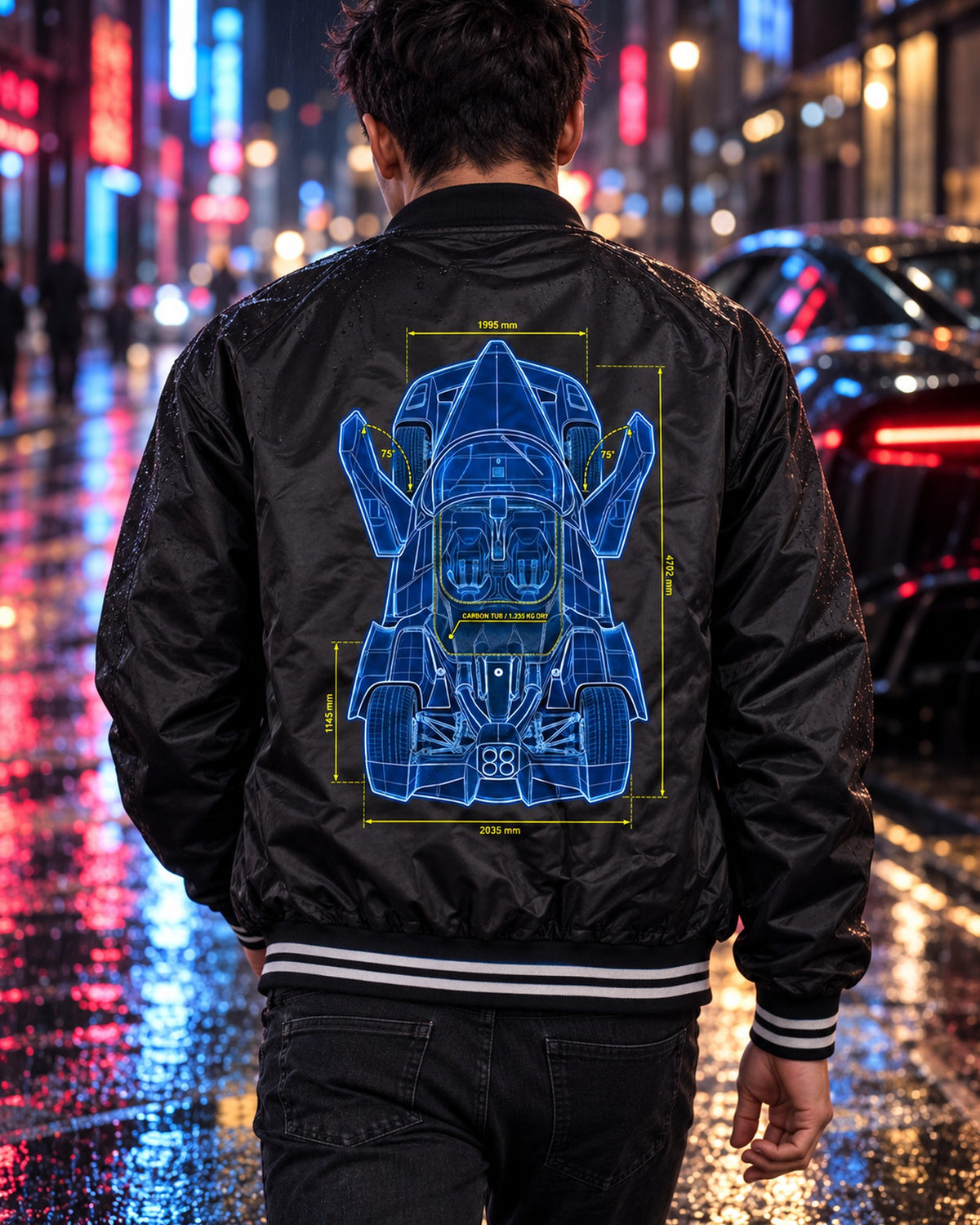Ferrari Enzo F140 Quad Exhaust Top Plan Blueprint Shirt Bomber Jacket Black worn hero