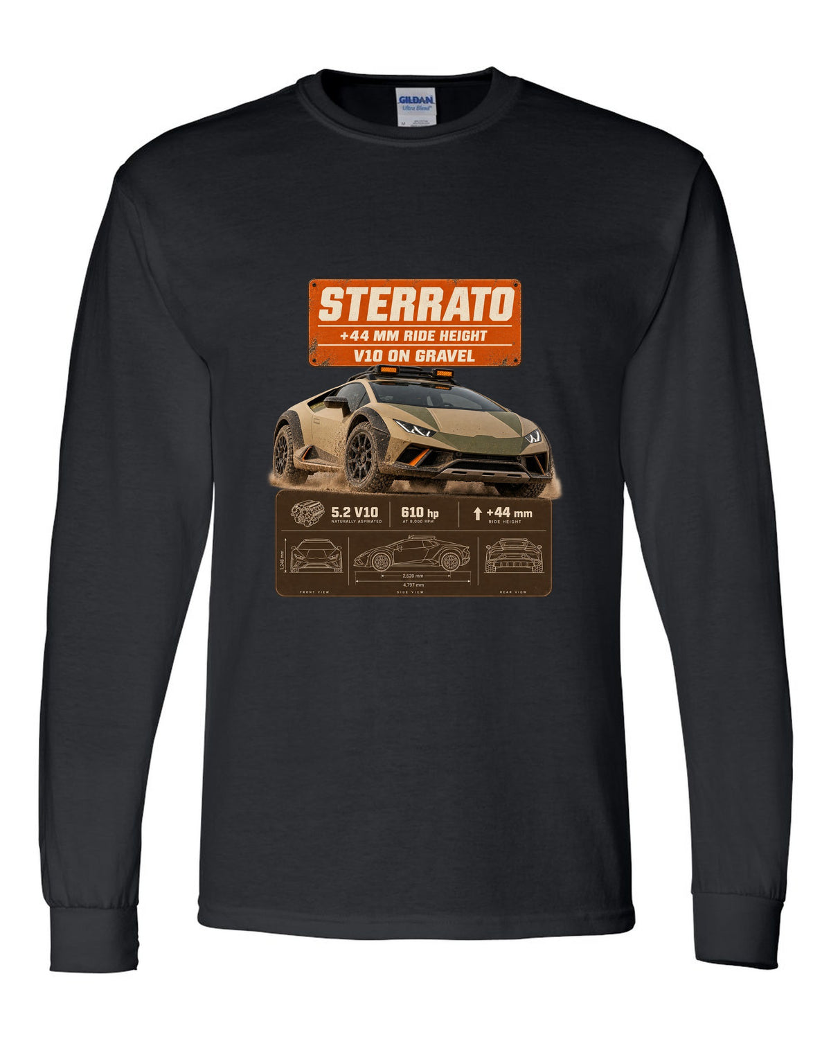 Spec poster print of the Lamborghini Huracan Sterrato black long sleeve front view with the design