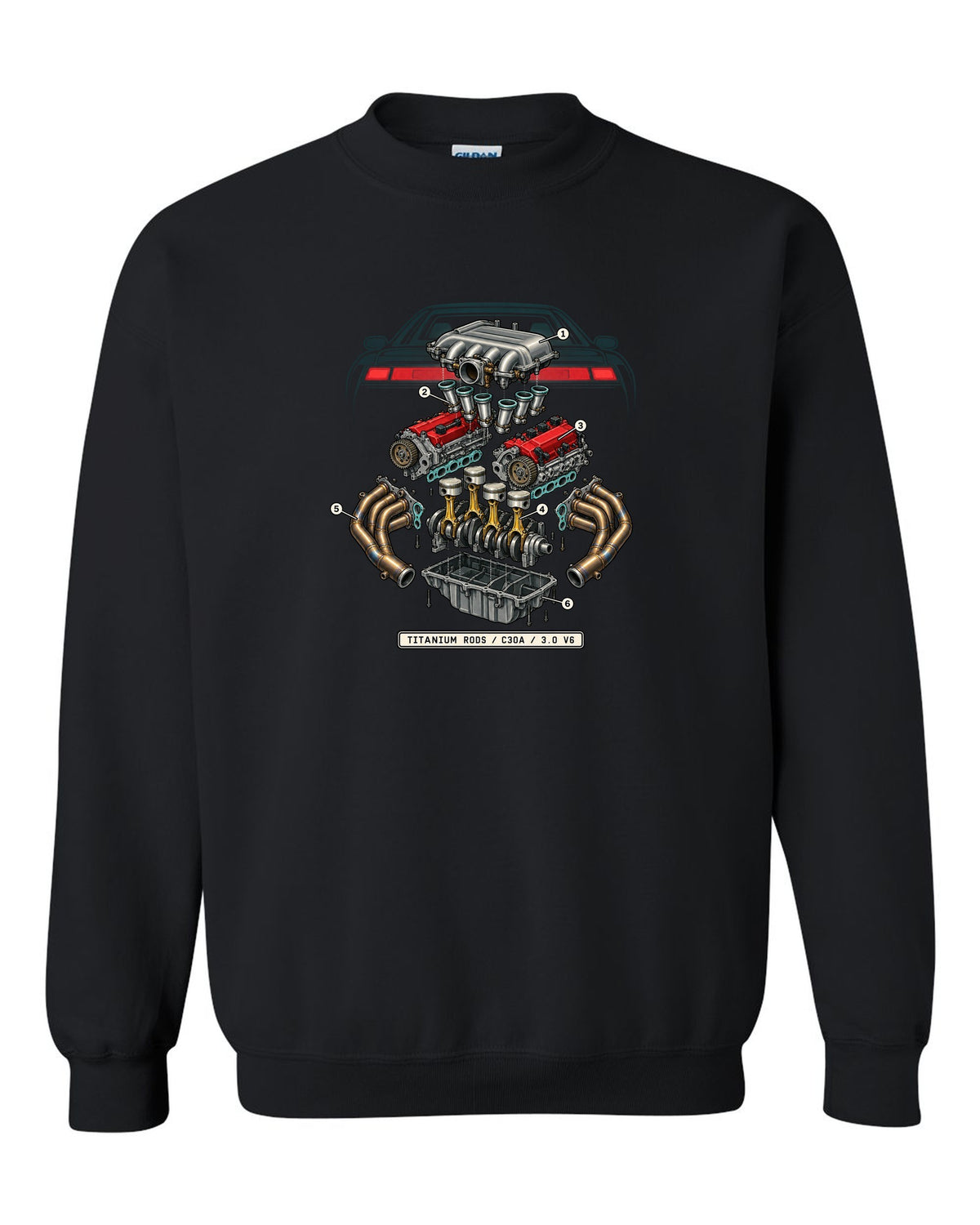 Isometric engine schematic print for the Honda NSX NA1 C30A with titanium rods text black crewneck front view with the design
