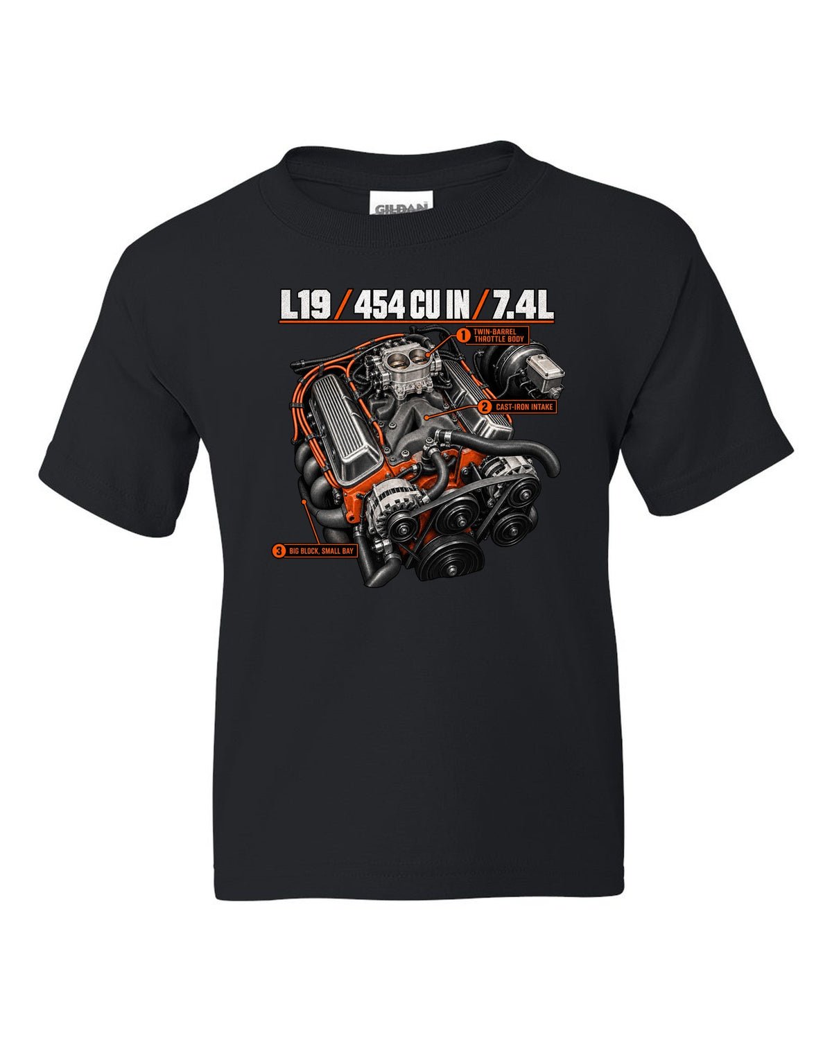 Chevy 454 SS L19 big-block engine diagram print black kids tee front view with the design