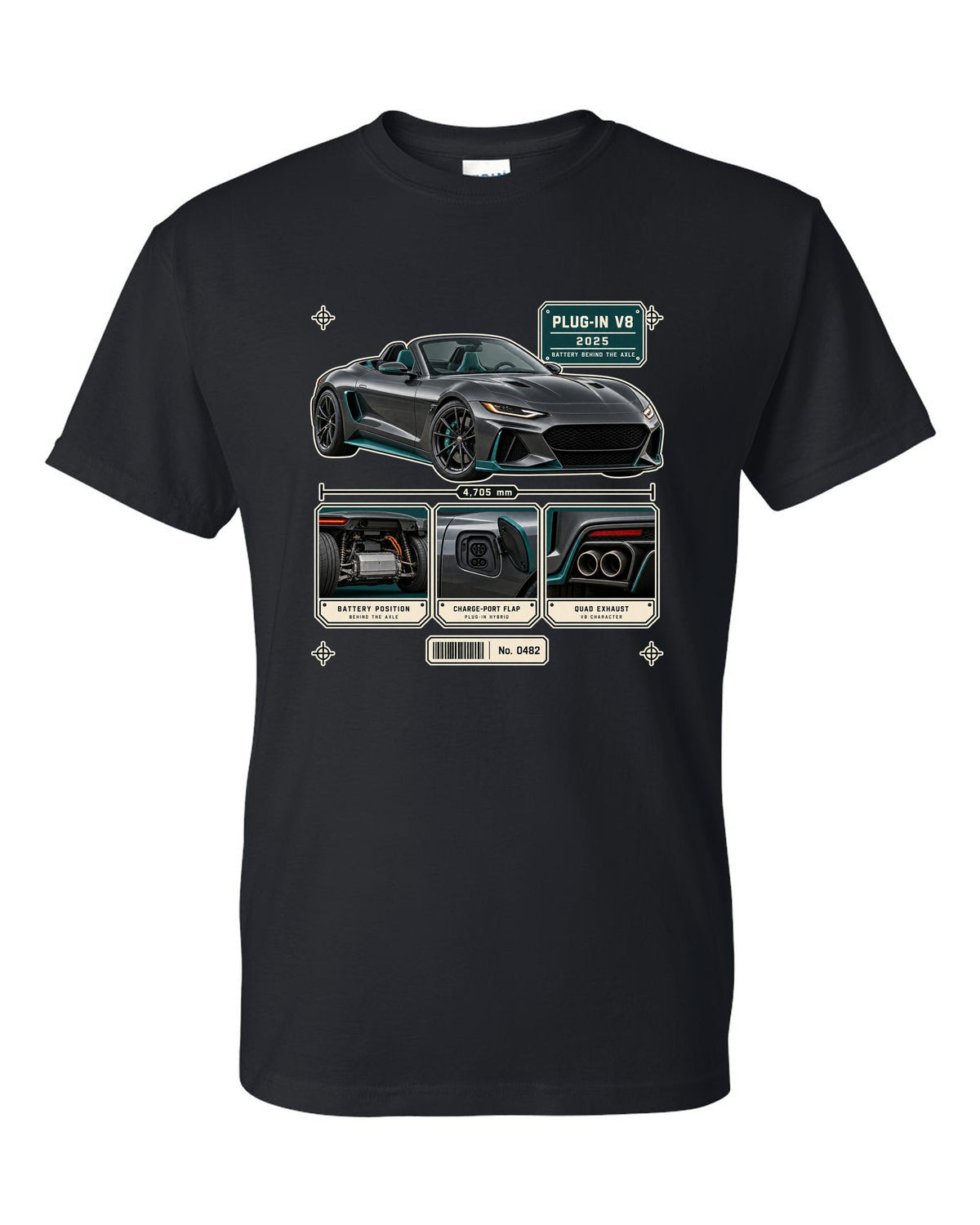 Mercedes-AMG SL63 S E Performance R232 dossier panel print in graphite and teal black t-shirt front view with the design