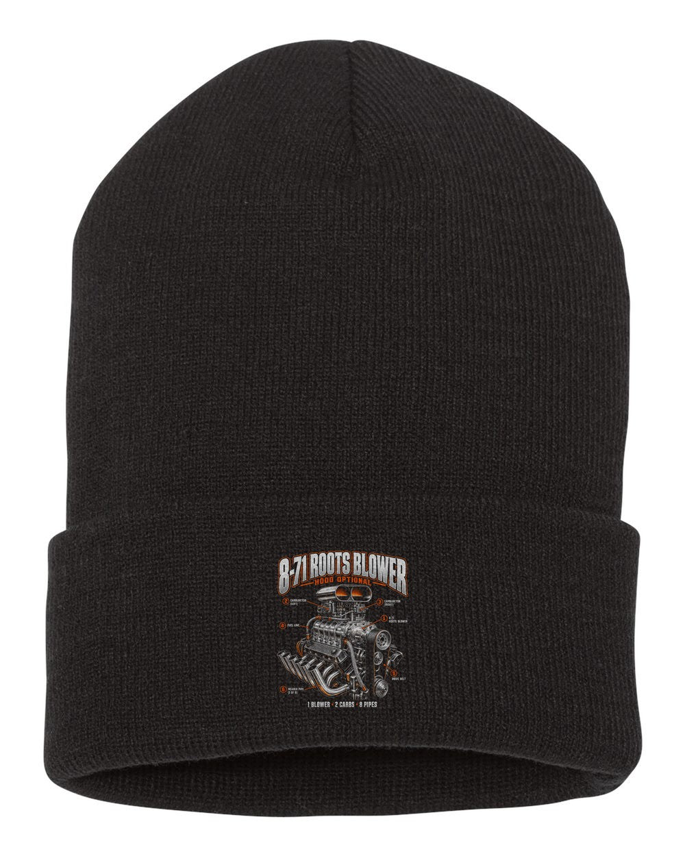 Blown Small-Block V8 Hot Rod Engine Callout Shirt, 8-71 Blower black beanie front view with car name