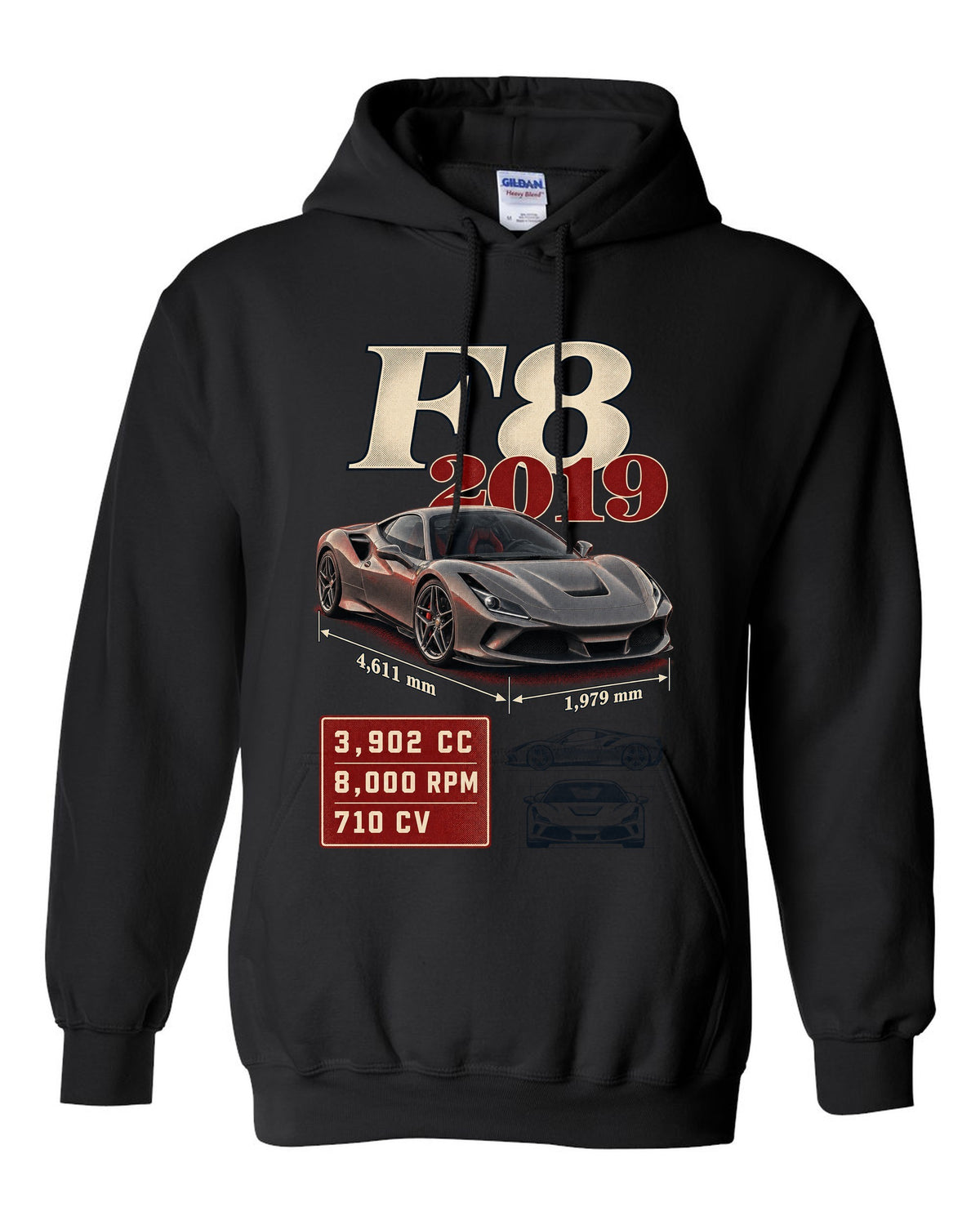 Ferrari F8 Tributo archive panel print listing 3,902 cc, 8,000 rpm, 710 CV black pull over hoodie front view with the design