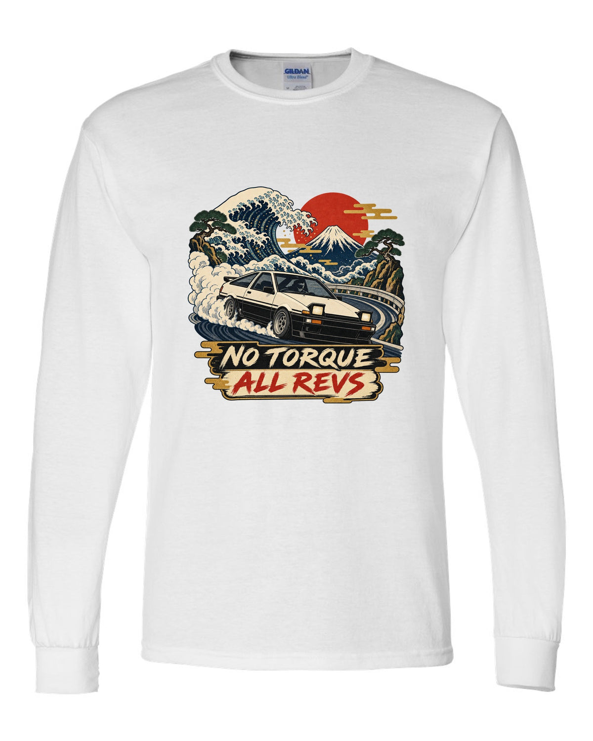 Woodblock ukiyo-e print of a 1985 Toyota Sprinter Trueno AE86 with No Torque All Revs lettering white long sleeve front view with the design