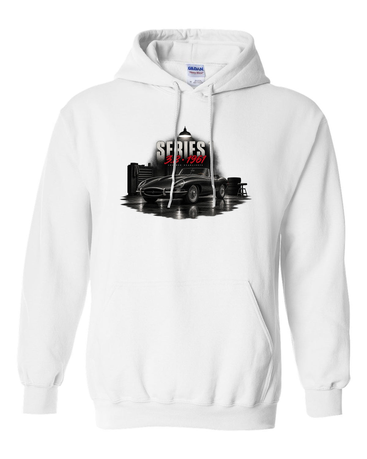 Garage night print of a 1961 Jaguar E-Type Series 1 3.8 with covered headlights and wire wheels white pull over hoodie front view with the design