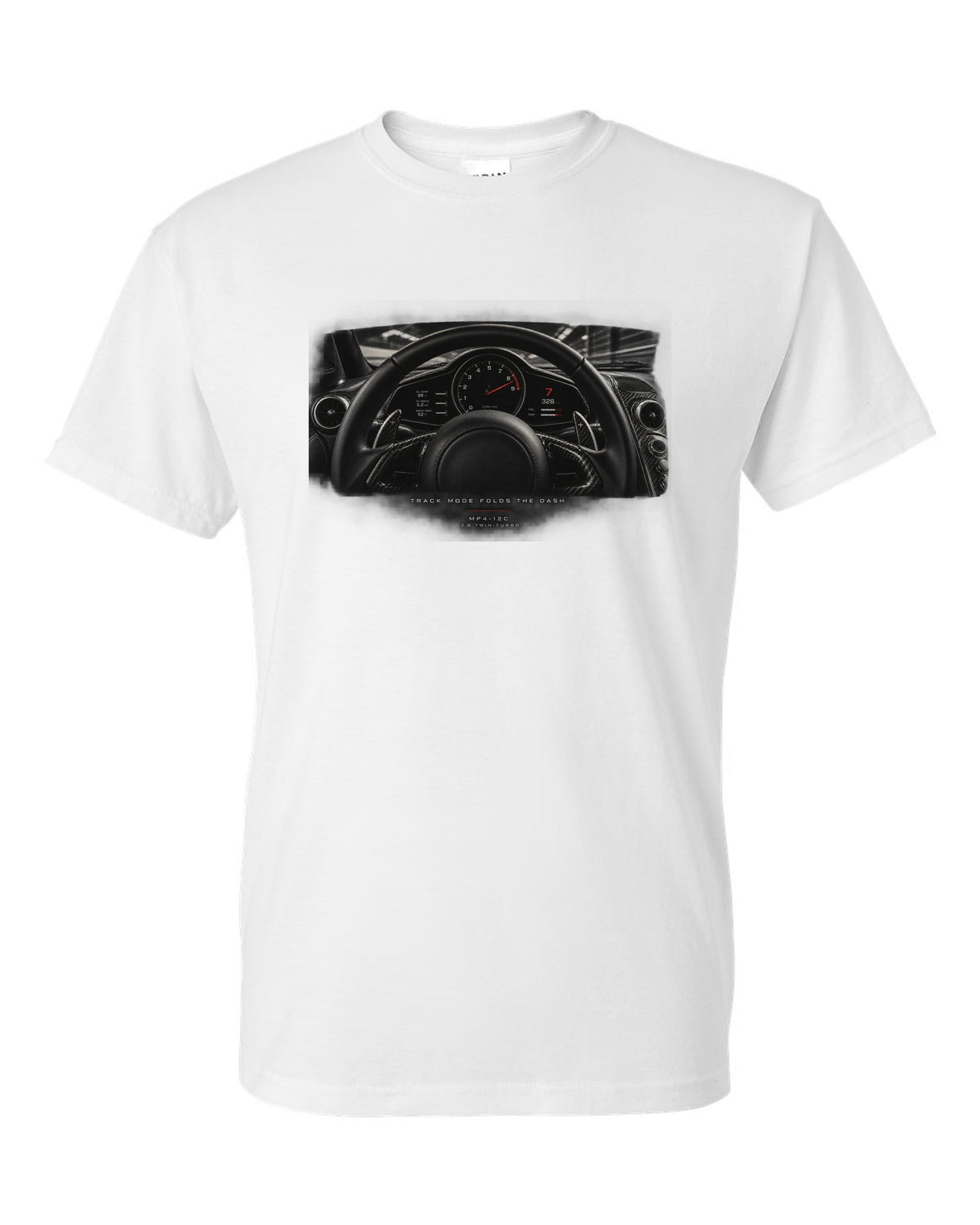 Cockpit gauge print of a 2011 McLaren 12C MP4-12C with folding dash text white t-shirt front view with the design
