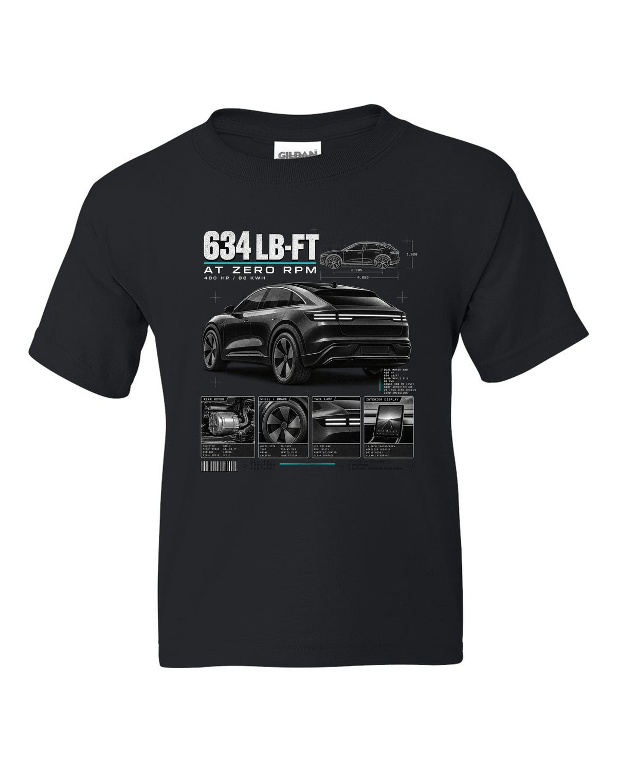 Ford Mustang Mach-E GT CX727 dossier panel print with 634 lb-ft at zero rpm black kids tee front view with the design