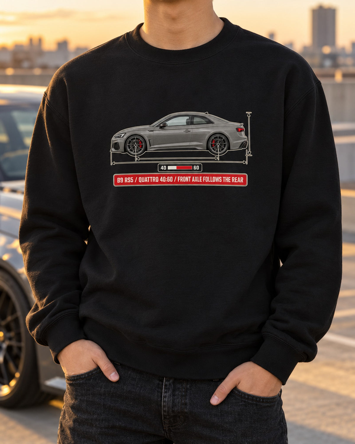 Audi RS5 Coupe B9 Facelift Dimension Blueprint, Quattro 40:60 Shirt Crewneck Black worn hero