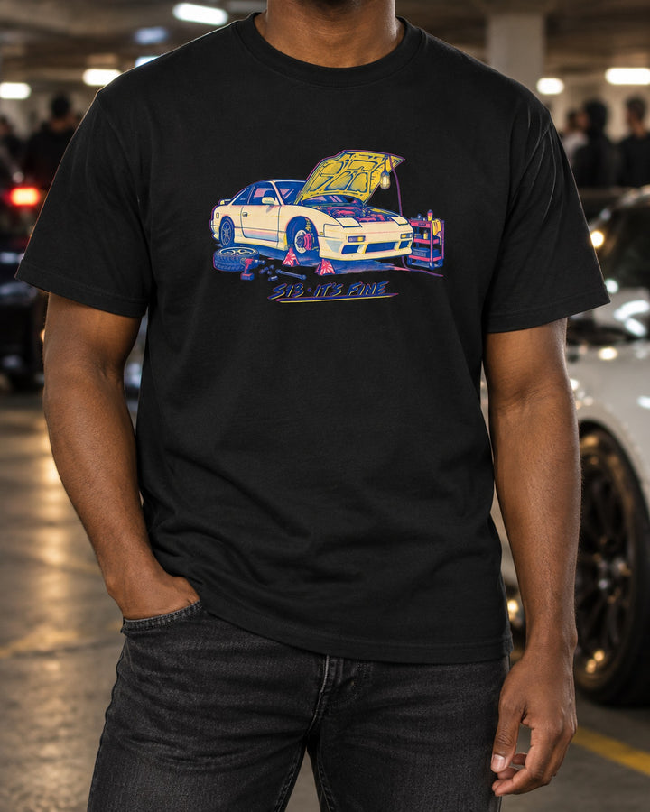S13 180SX Workshop Fix It's Fine Risograph print Shirt T-Shirt Black worn hero