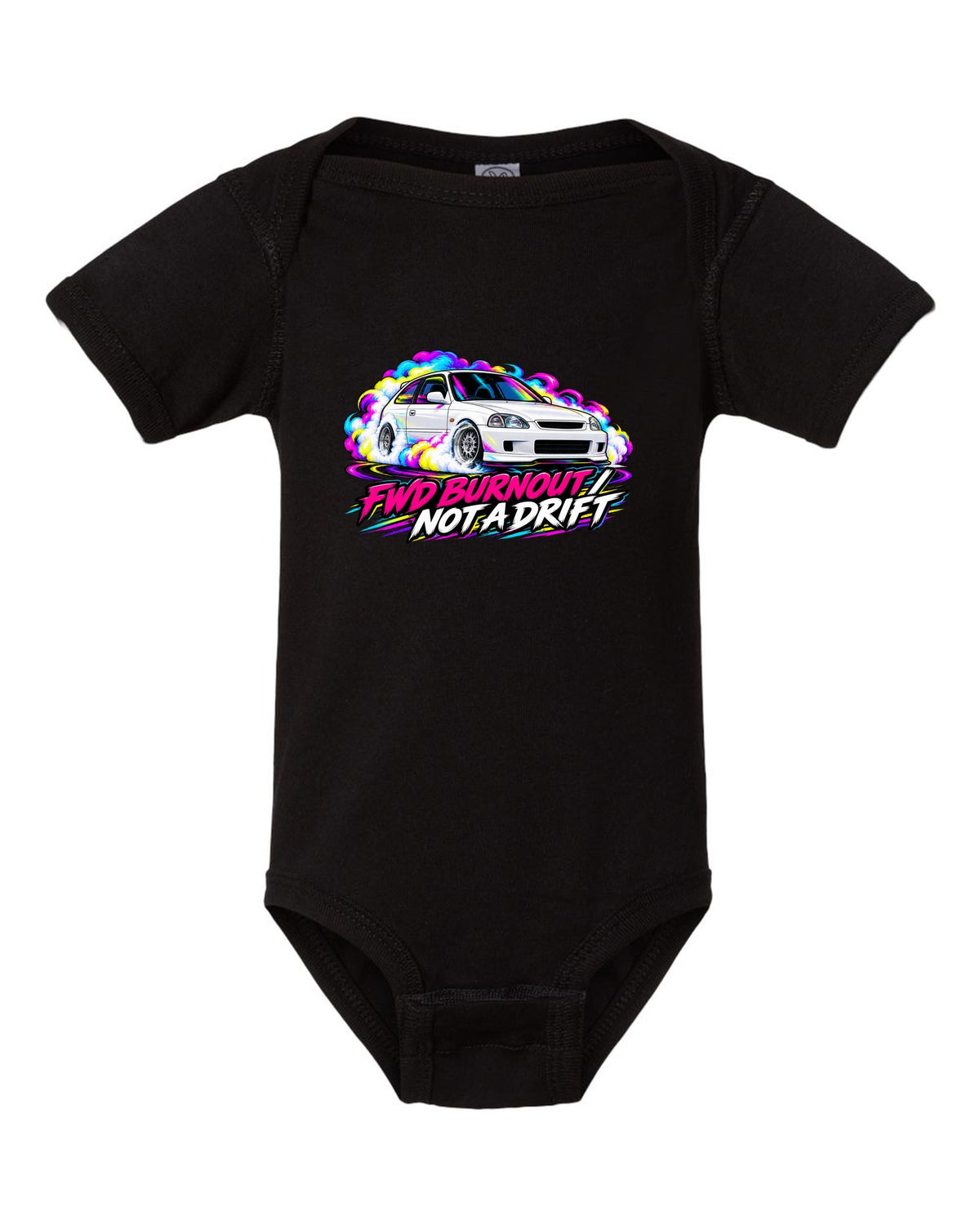 Neon pop style print of a Honda Civic Type R EK9 doing a FWD burnout with not a drift text black baby onesie front view with the design