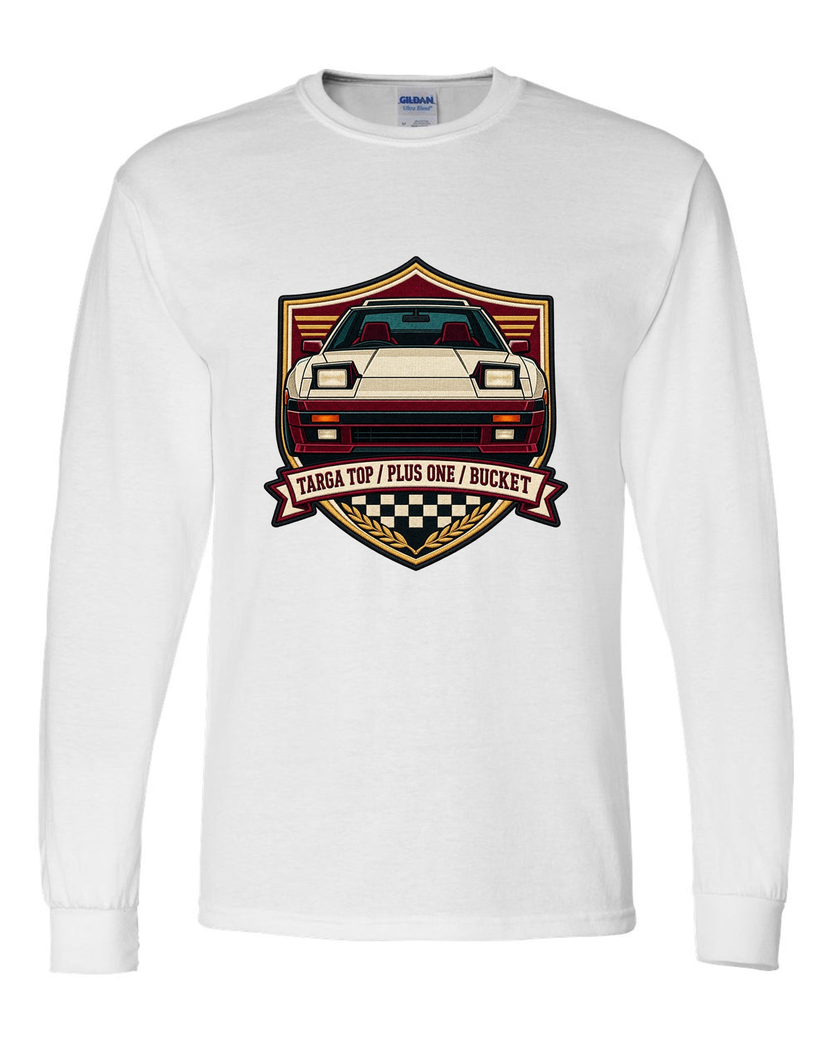 Shield crest design for the Toyota Supra A70 MA70 with pop-up headlights white long sleeve front view with the design