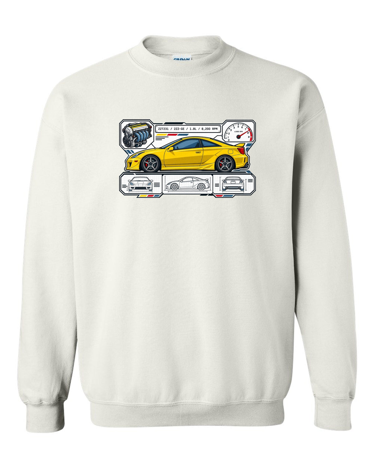 Spec sheet data plate for a Toyota Celica ZZT231 listing 2ZZ-GE, 1.8L and 8,200 RPM white crewneck front view with the design