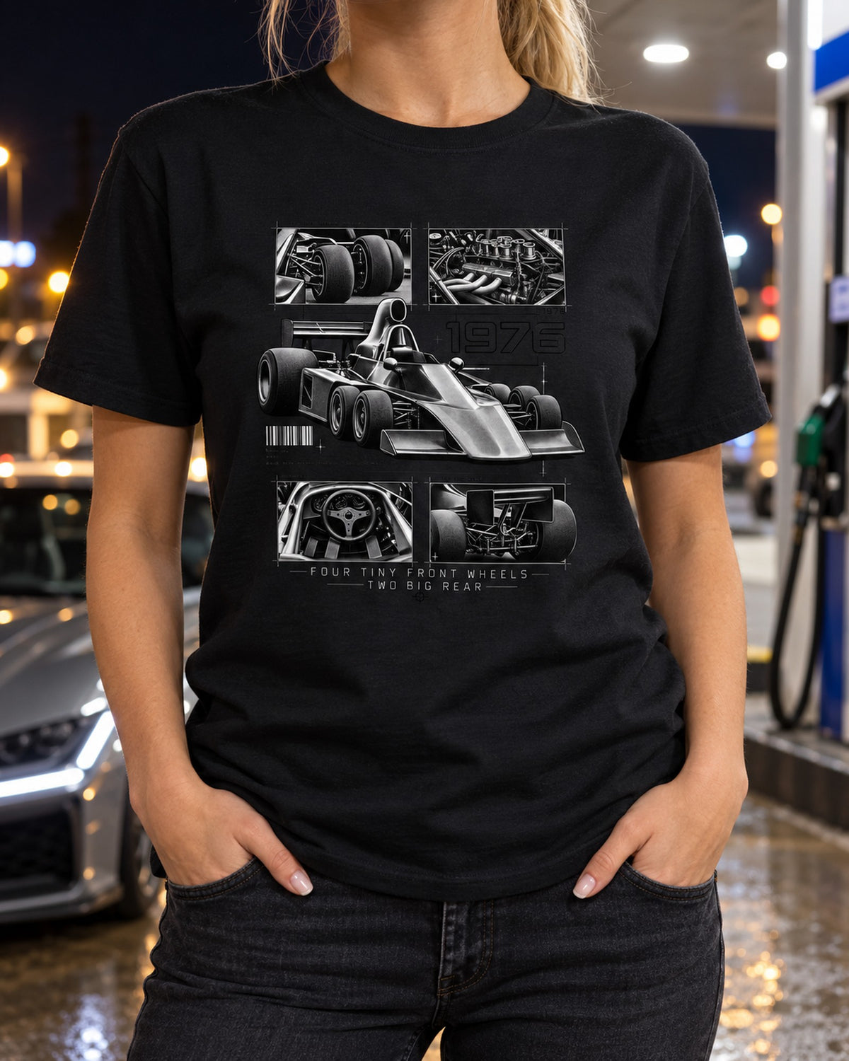 Tyrrell P34 Six-Wheeler Dossier Shirt, 1976 F1 Car Tee T-Shirt Black worn hero
