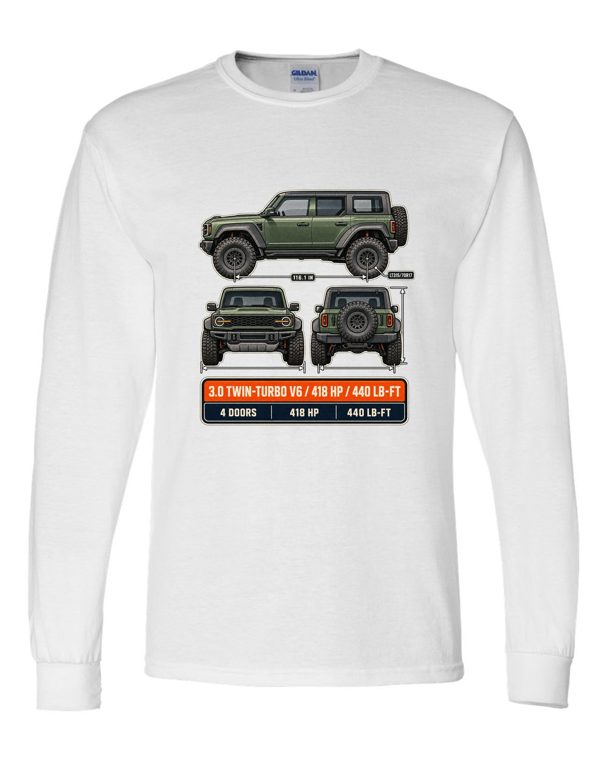 Ford Bronco Raptor three-view drawing with spec table print white long sleeve front view with the design