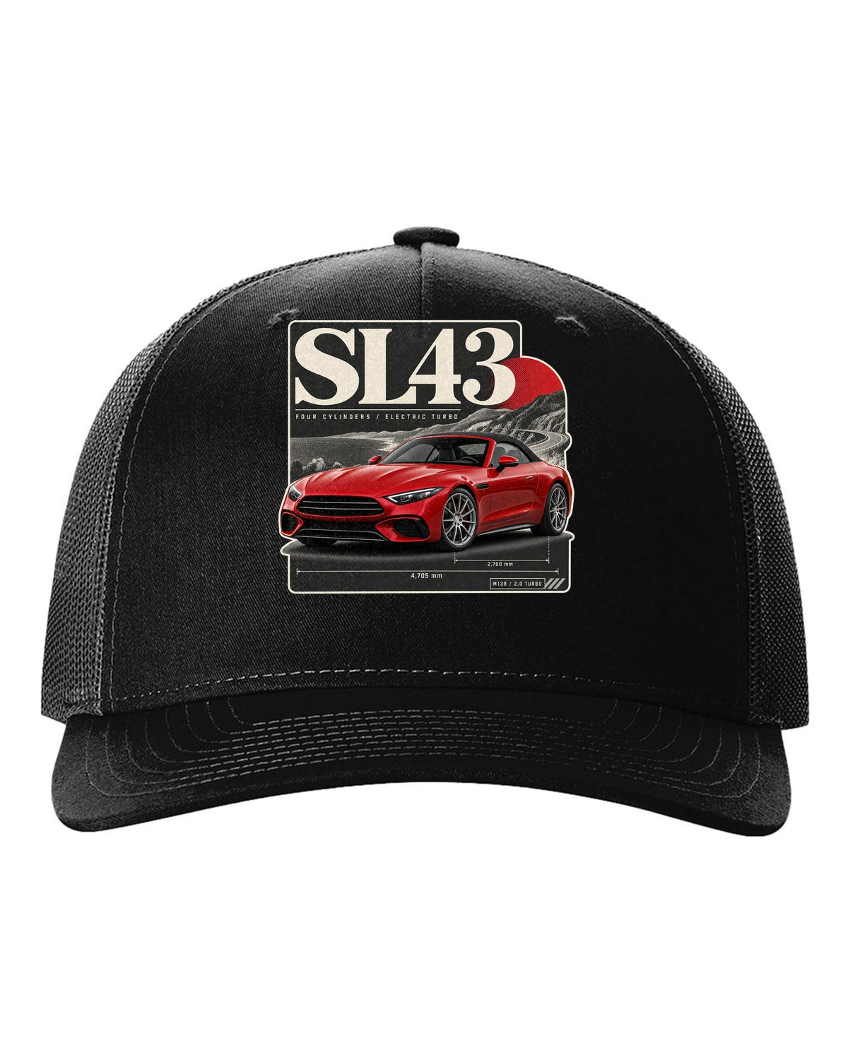 SL43 R232 Electric Turbo Editorial black hat front view with the design