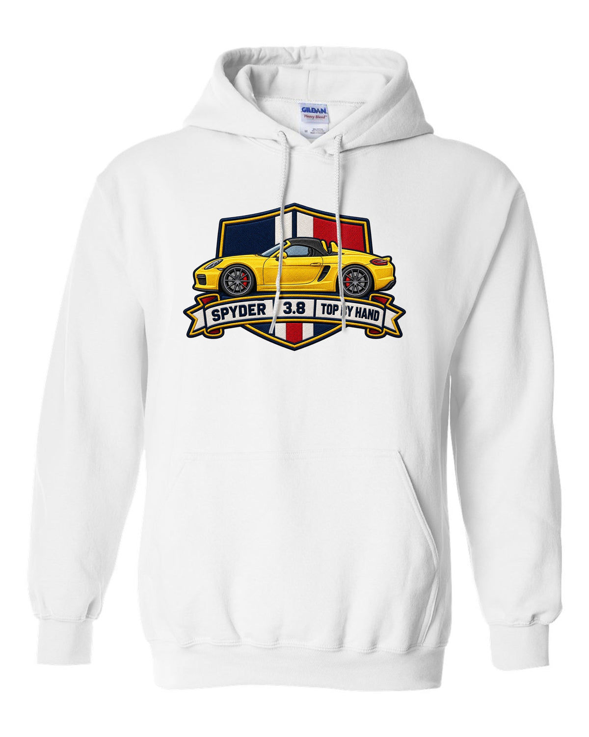 Embroidery-style crest design for the Porsche 981 Boxster Spyder with 3.8 and top by hand lettering white pull over hoodie front view with the design