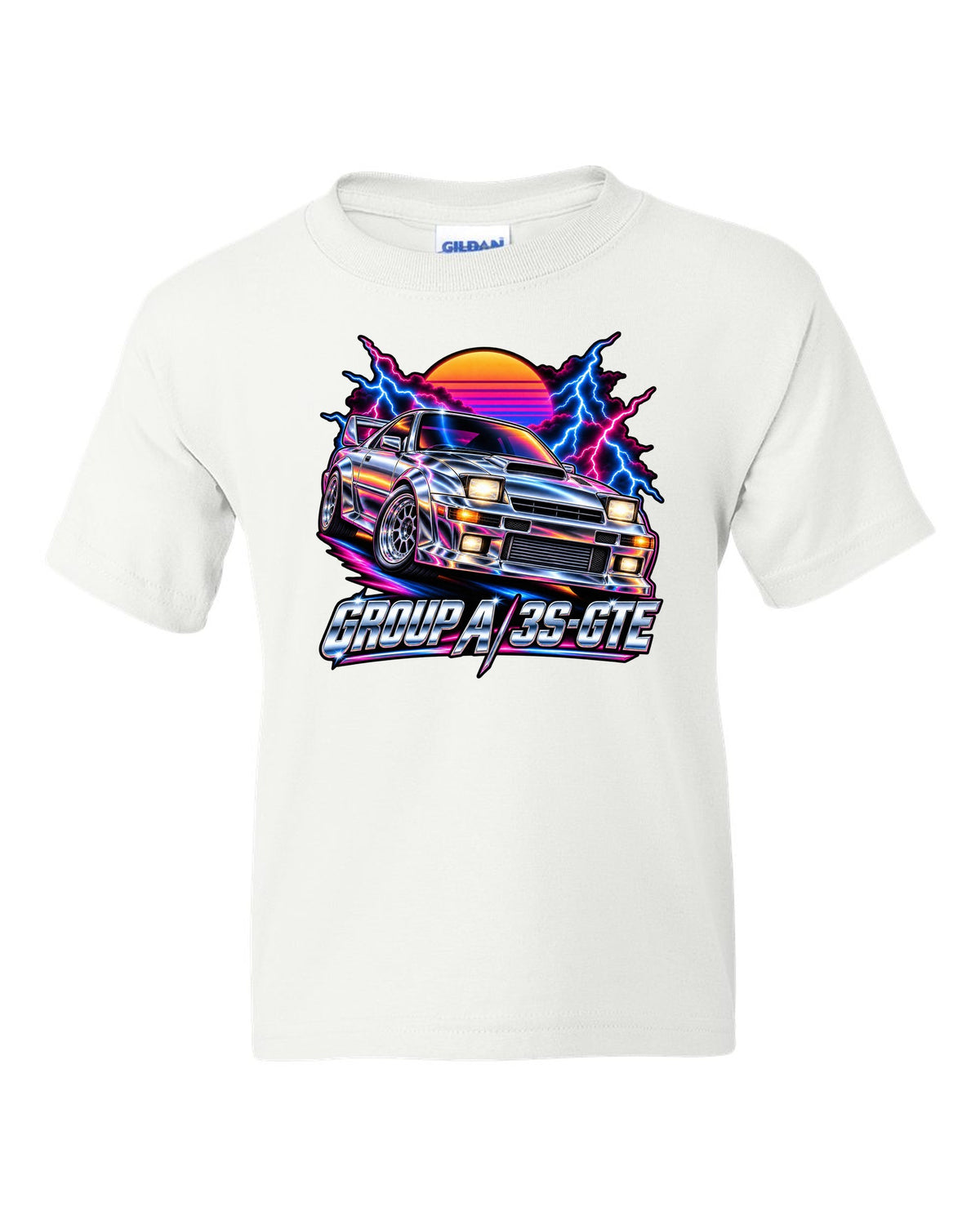 80s airbrush chrome illustration of a Toyota Celica GT-Four ST185 with Group A 3S-GTE lettering white kids tee front view with the design