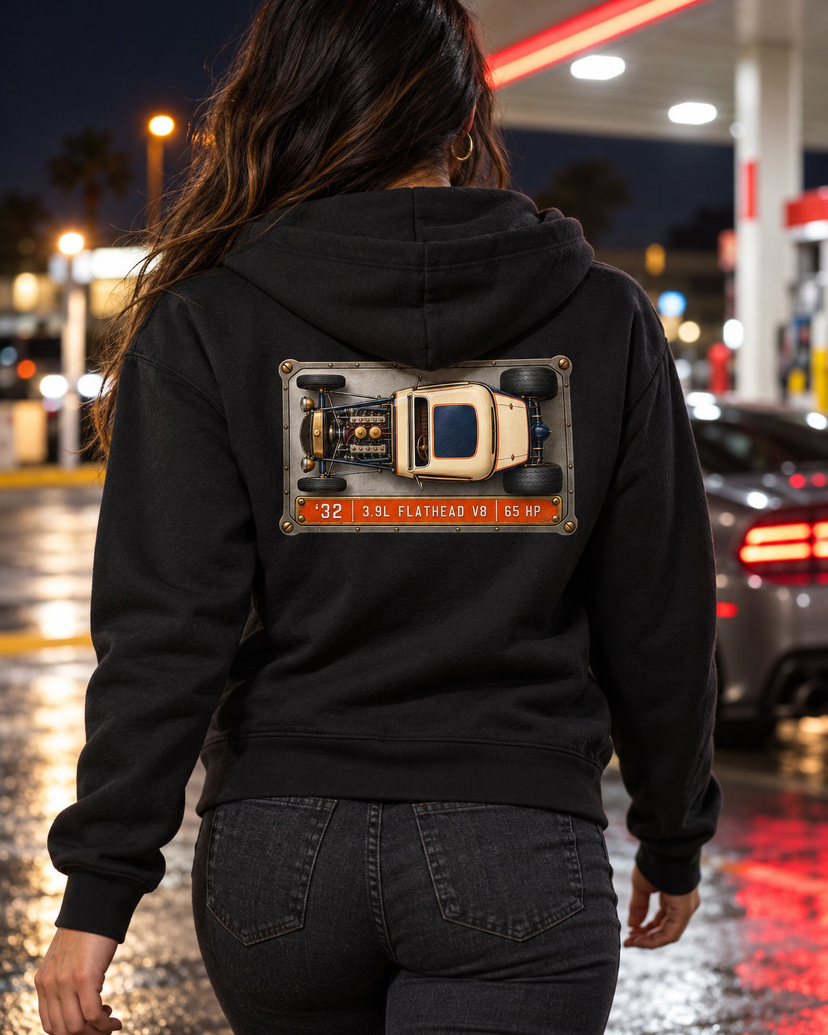 Ford 1932 Deuce Coupe Flathead V8 Data Plate Top-Down Shirt Zip Hoodie Black worn hero