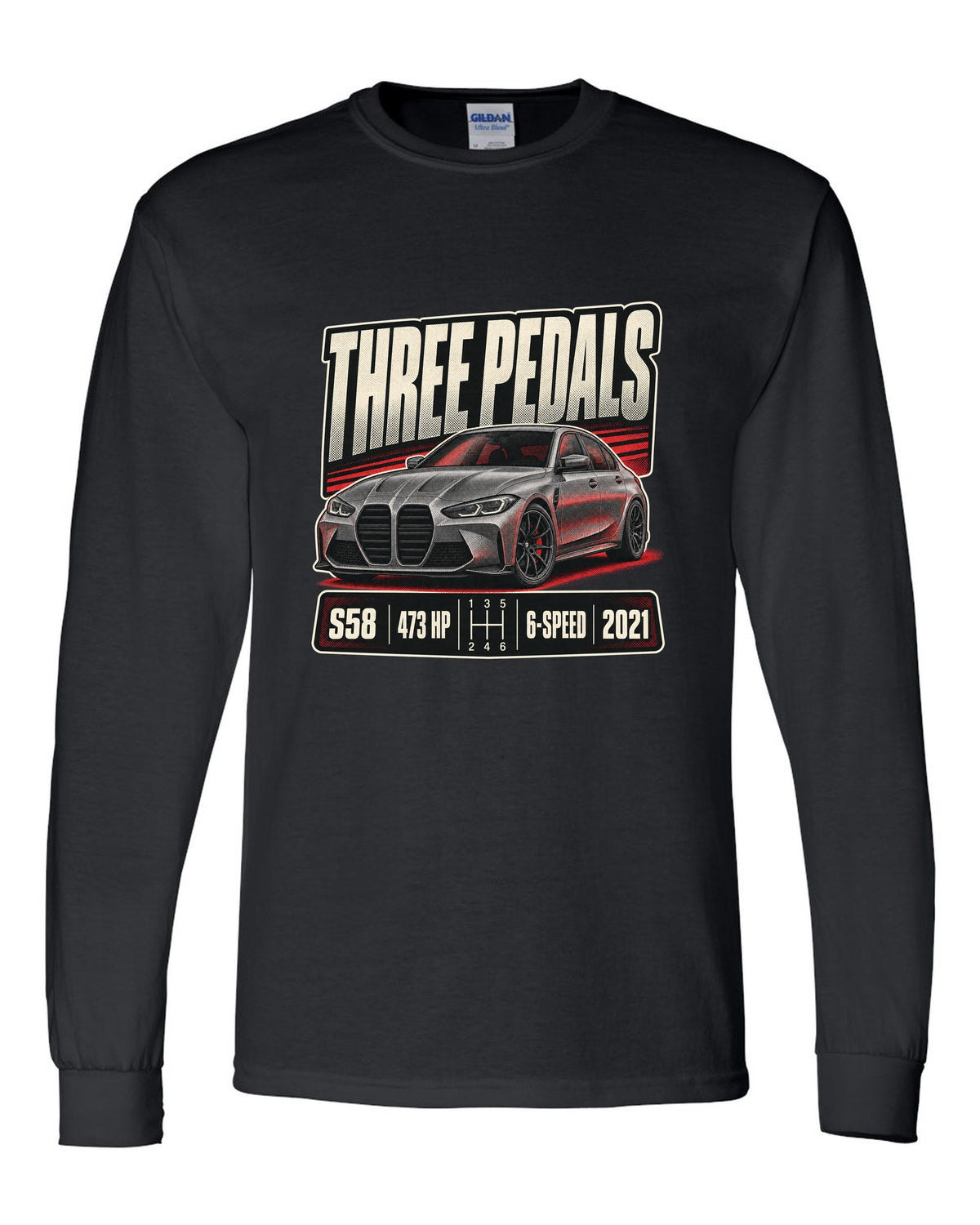 BMW M3 G80 six-speed manual halftone print with three pedals text black long sleeve front view with the design
