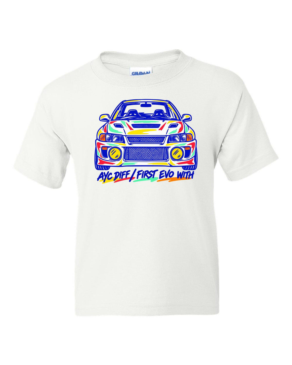 Mono-line napkin sketch of a Mitsubishi Lancer Evolution IV CN9A white kids tee front view with the design