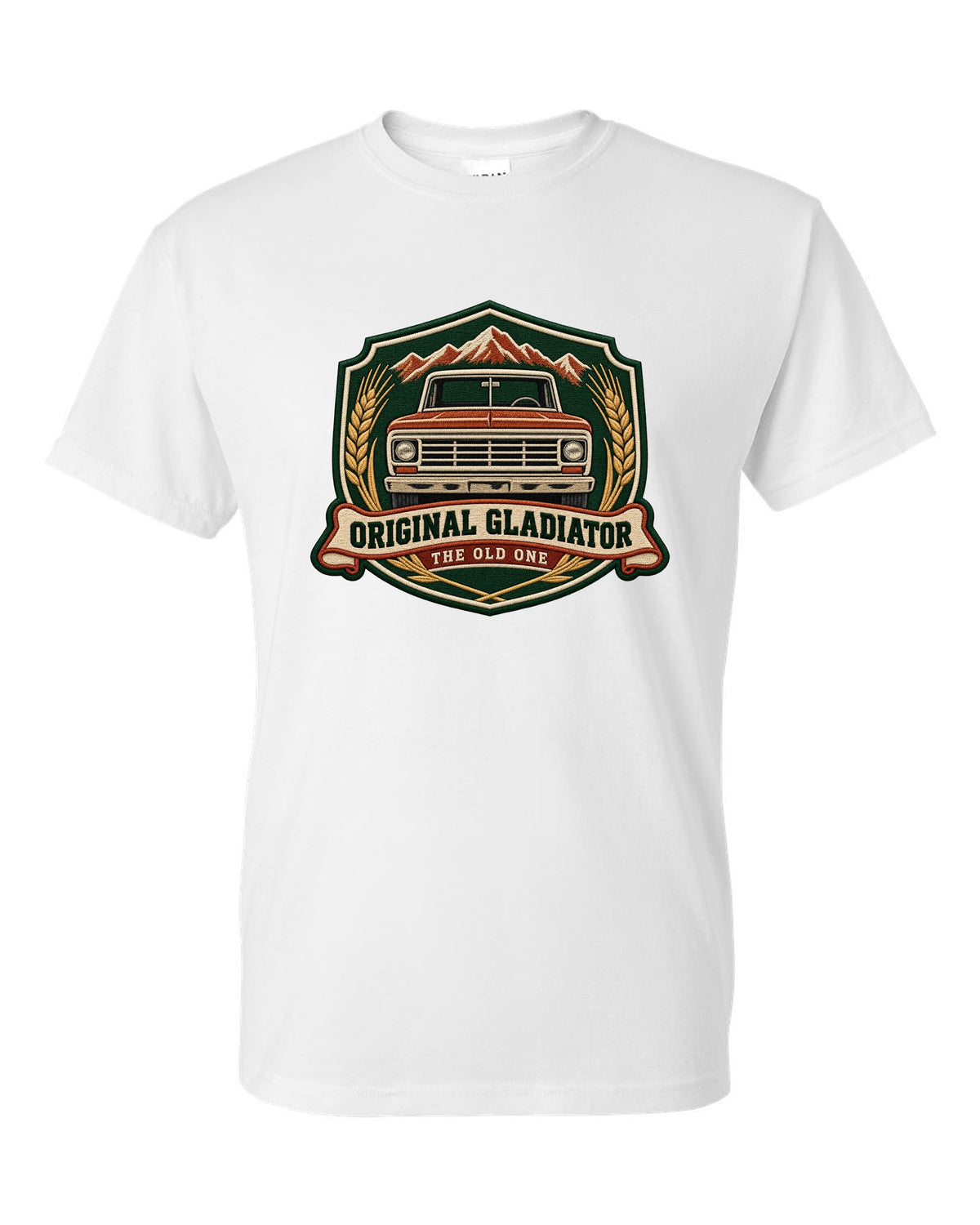 Embroidery-style shield crest print with Jeep Gladiator J-series pickup and the words The Old One white t-shirt front view with the design
