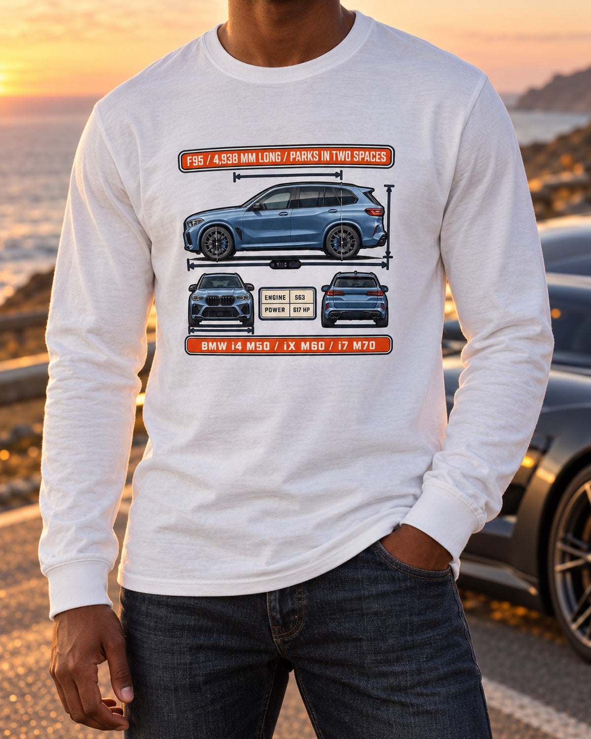 BMW X5 M Competition F95 Blueprint Tee, Car Enthusiast Gift Long Sleeve White worn hero